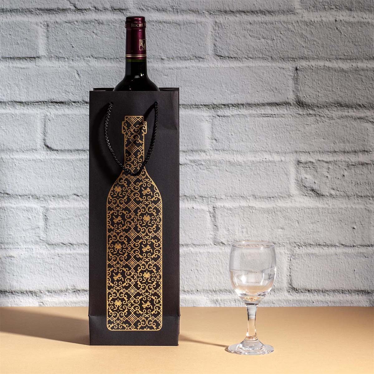 Sac cadeau noir pour bouteille à motif Bouteille en doré