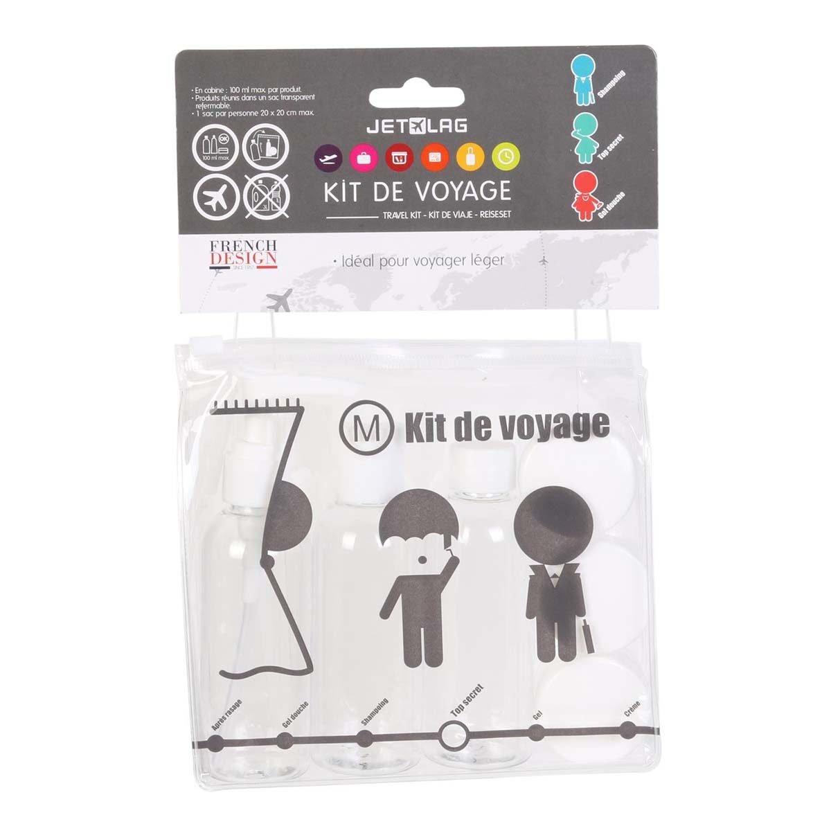 Kit de voyage de 3 flacons de 80 ml et 3 pots de 18 ml en plastique avec pictogrammes bleus Jet Lag