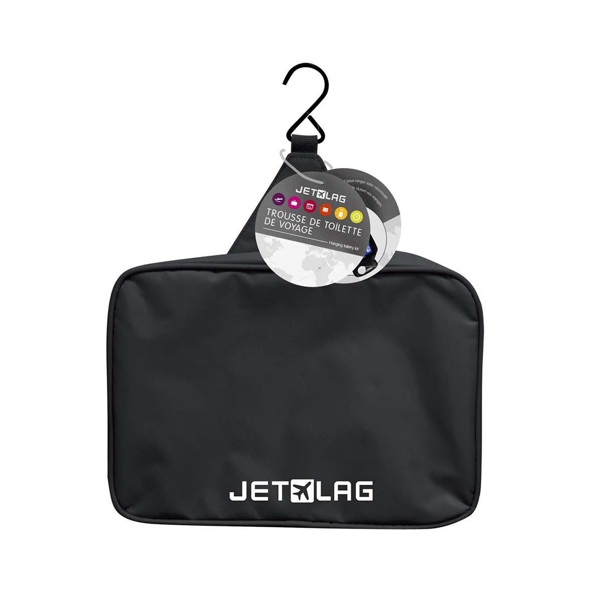Trousse de toilette de voyage en polyester noir avec de nombreux compartiments et 1 crochet Jet Lag