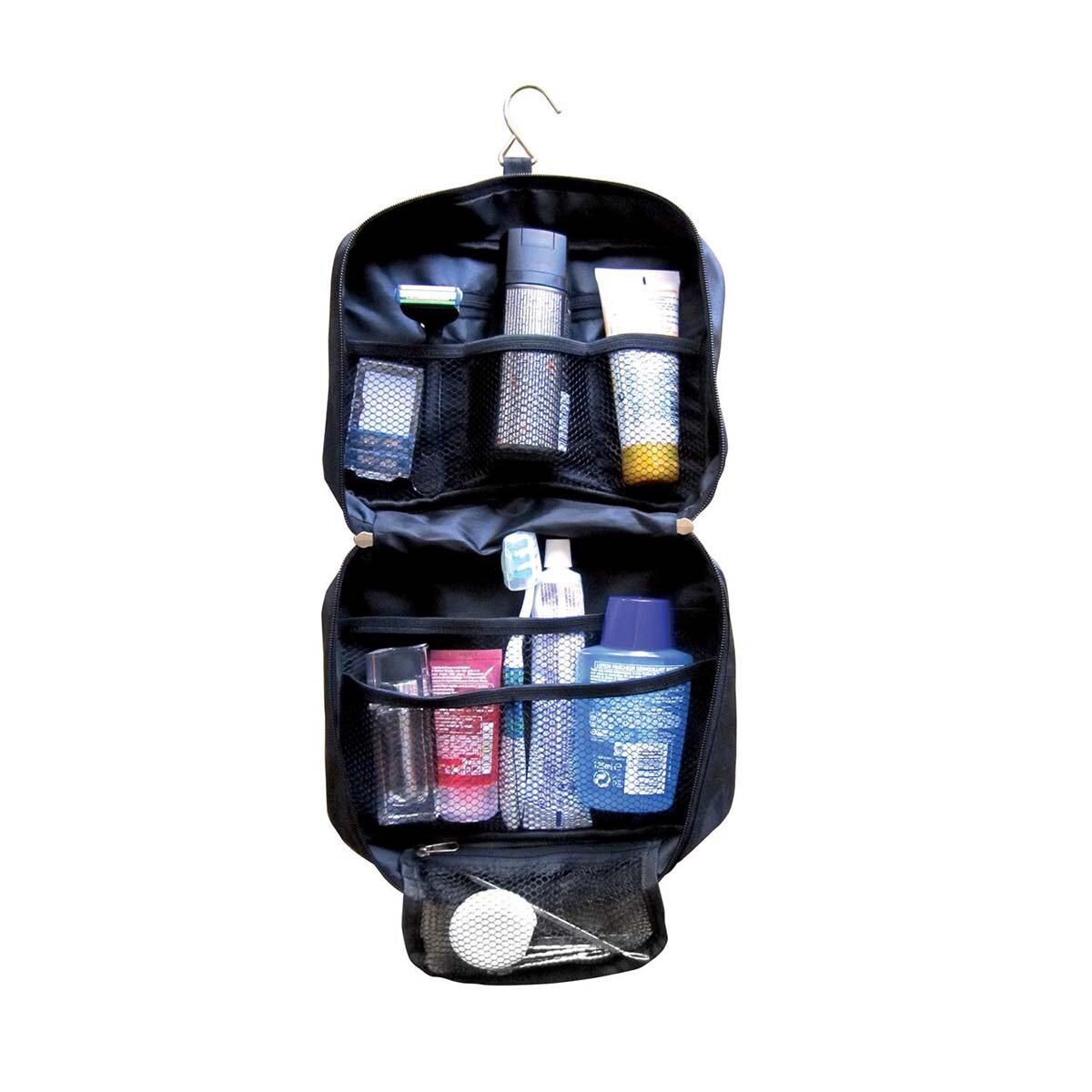 Trousse de toilette de voyage en polyester noir avec de nombreux compartiments et 1 crochet Jet Lag