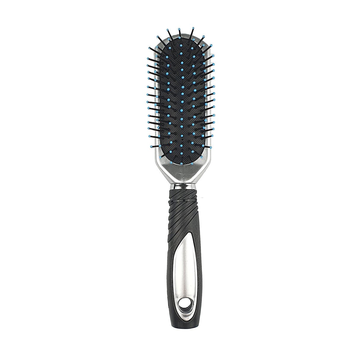 Hairbrush with spikes in ball finish on an air cushion L 24 cm in silver and black plastic
