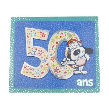 2-fold postcard for 50 years of L 18 X l 16 cm folded with Pop up envelope