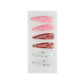 Set of 6 clic clac hair clips L 5 cm in 3 different assorted colors with metal flower patterns