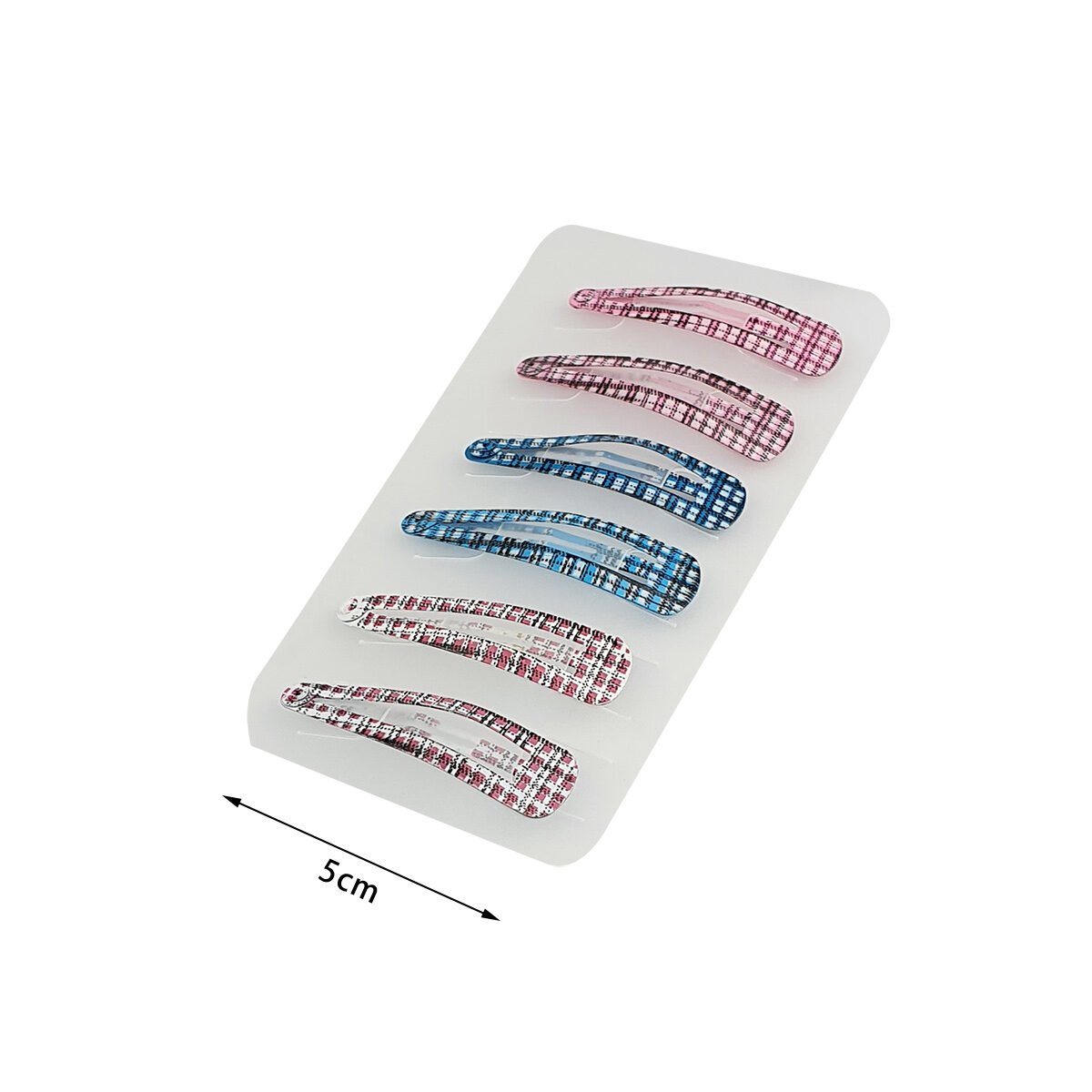 Lot de 6 pinces à cheveux clic clac L 5 cm de 3 couleurs différentes assorties avec motifs tissus écossais en métal
