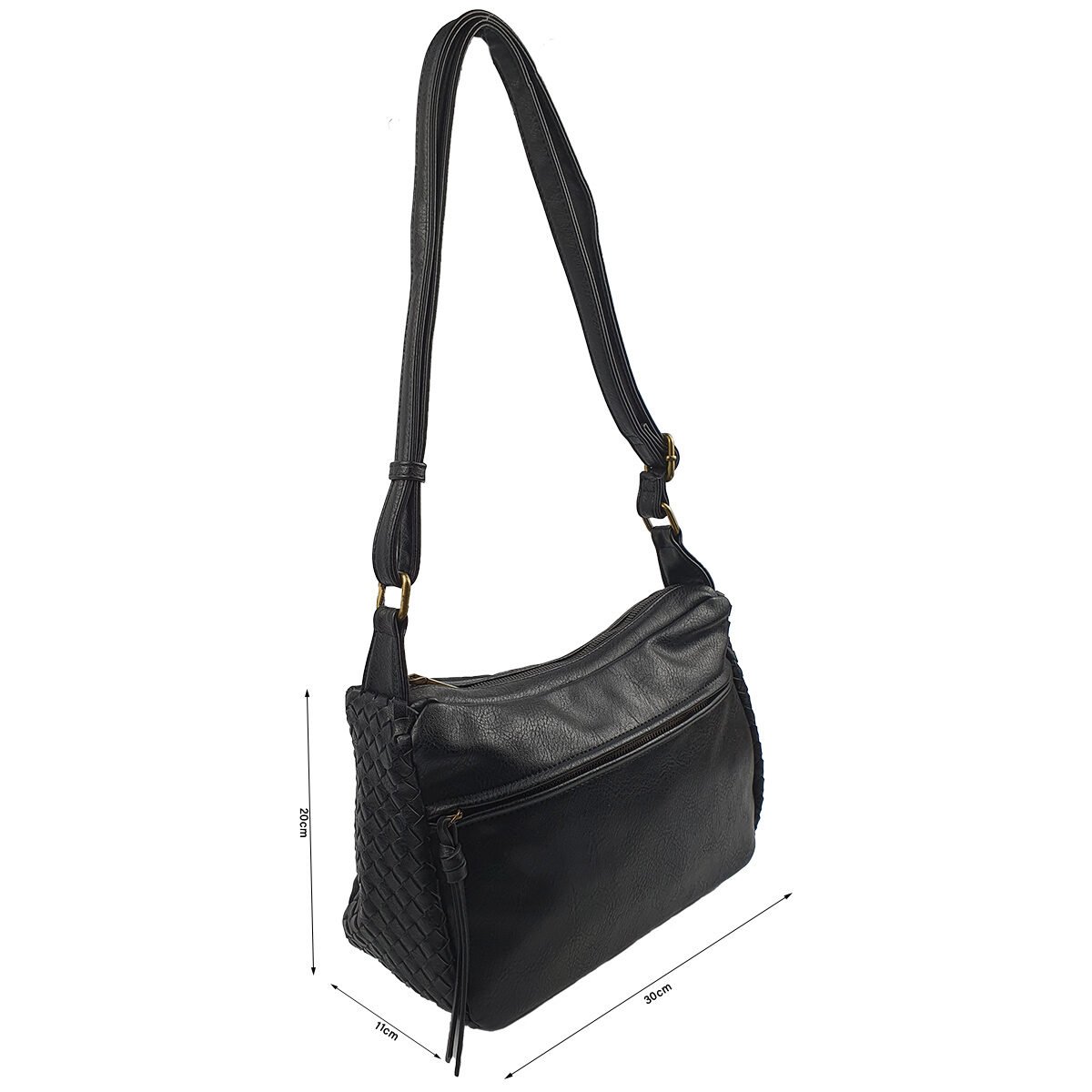 Sac à main synthétique noir à plusieurs compartiments et pochettes L 30 x l 11 x H 20 cm à bandoulière réglable Mandoline