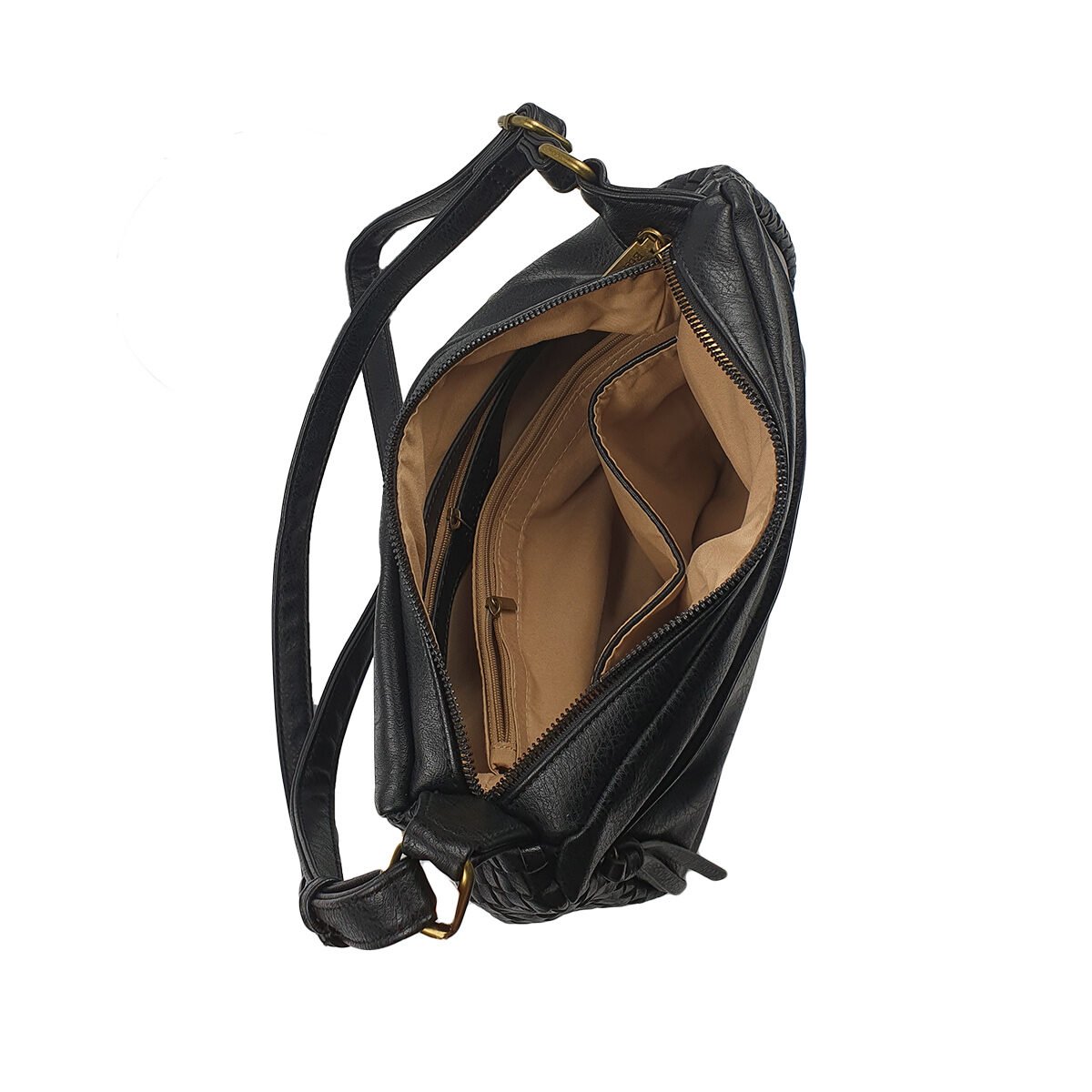 Sac à main synthétique noir à plusieurs compartiments et pochettes L 30 x l 11 x H 20 cm à bandoulière réglable Mandoline