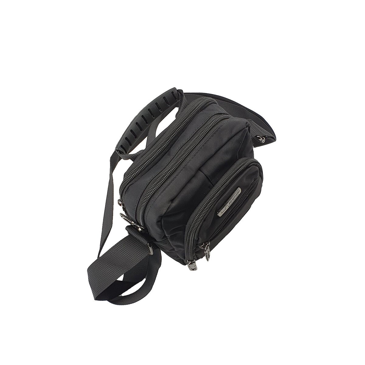 Black synthetic bag with several compartments and fleece pockets L 16 x W 9 x H 18 cm with a handle, a belt clip and an adjustable shoulder strap Beierwei