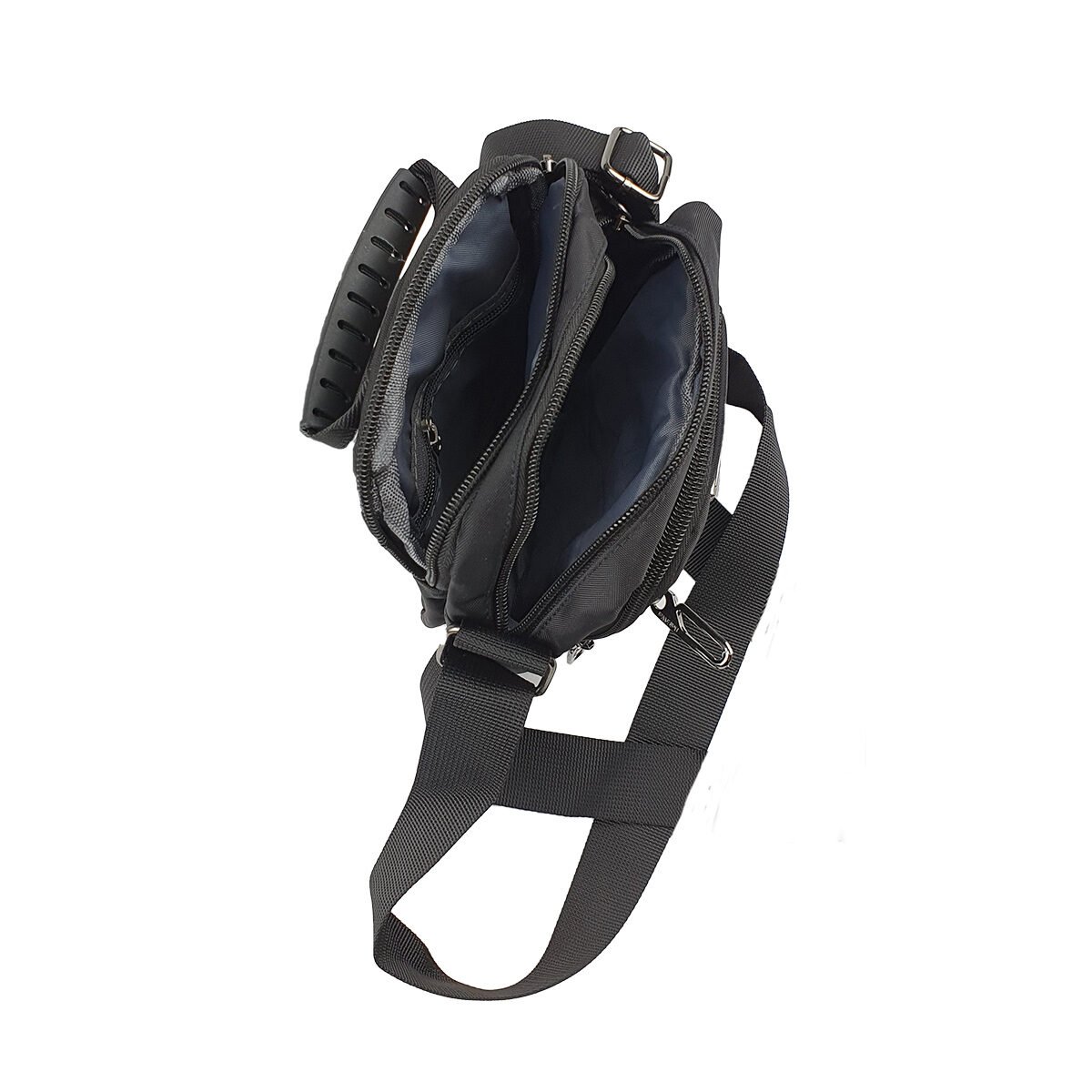 Black synthetic bag with several compartments and fleece pockets L 16 x W 9 x H 18 cm with a handle, a belt clip and an adjustable shoulder strap Beierwei