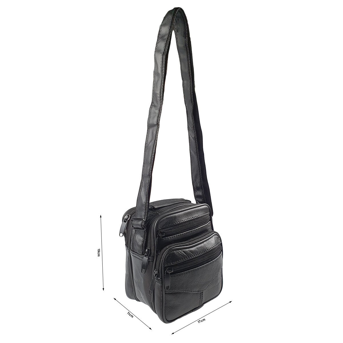 Black synthetic bag with several compartments and pockets L 17 x W 11 x H 19 cm with a handle and an adjustable shoulder strap