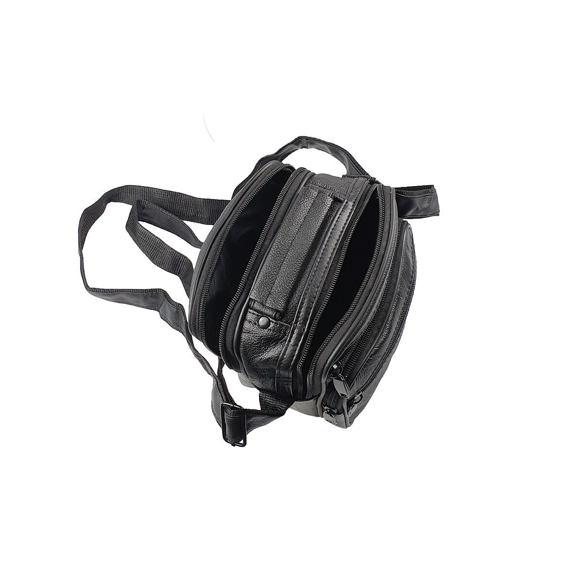 Black synthetic bag with several compartments and pockets L 17 x W 11 x H 19 cm with a handle and an adjustable shoulder strap