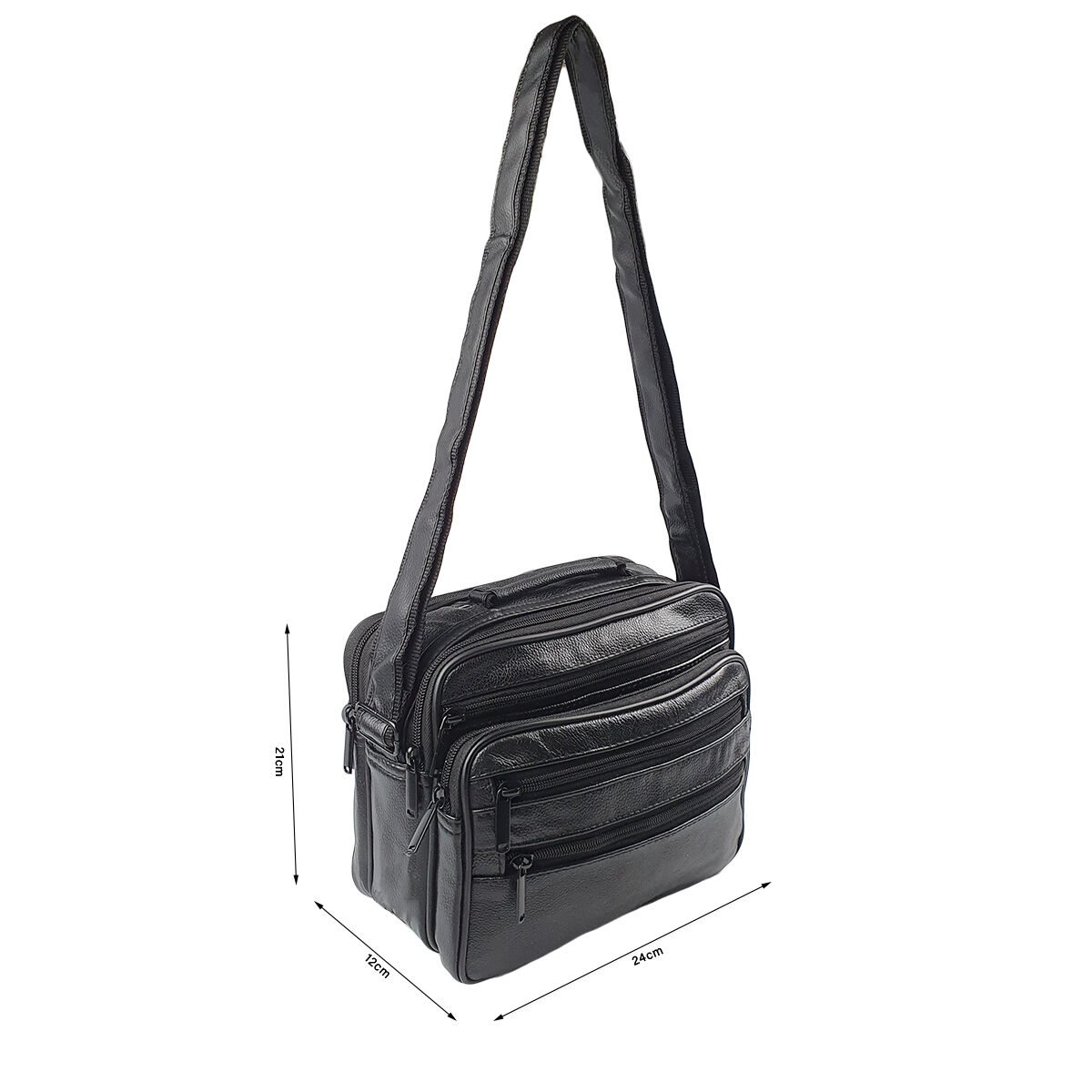 Sacoche synthétique noir à plusieurs compartiments et pochettes L 24 x l 12 x H 21 cm avec un poignée et une bandoulière réglable