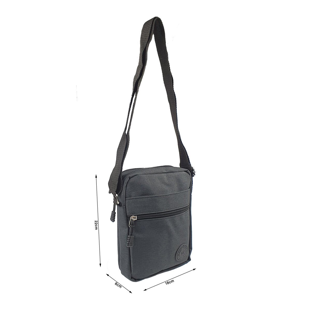 Black synthetic bag with several compartments and pockets L 18 x W 6 x H 22 cm with an adjustable shoulder strap Winner Bag