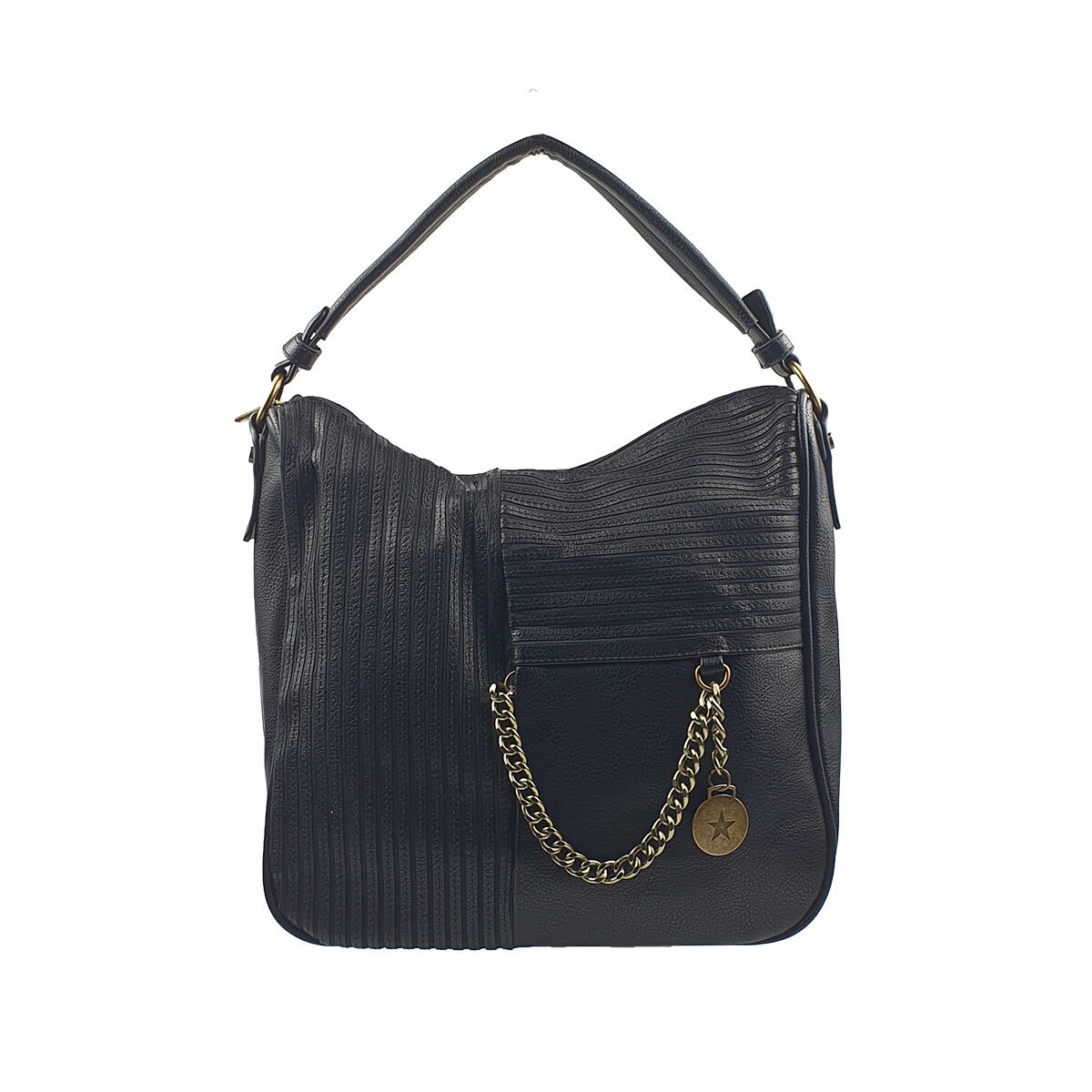 Sac à main synthétique noir à plusieurs compartiments et pochettes L 32 x l 13 x H 30 cm avec un poignée et une bandoulière réglable Mandoline