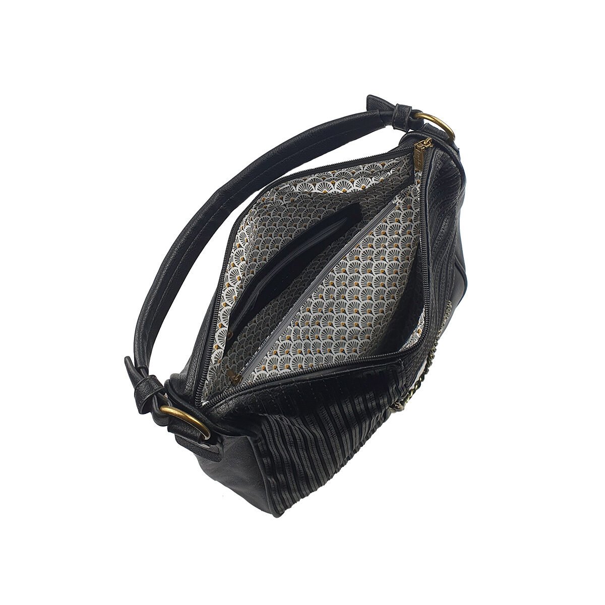 Sac à main synthétique noir à plusieurs compartiments et pochettes L 32 x l 13 x H 30 cm avec un poignée et une bandoulière réglable Mandoline