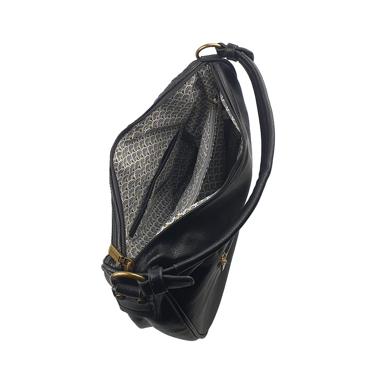 Sac à main synthétique noir à plusieurs compartiments et pochettes L 32 x l 13 x H 30 cm avec un poignée et une bandoulière réglable Mandoline