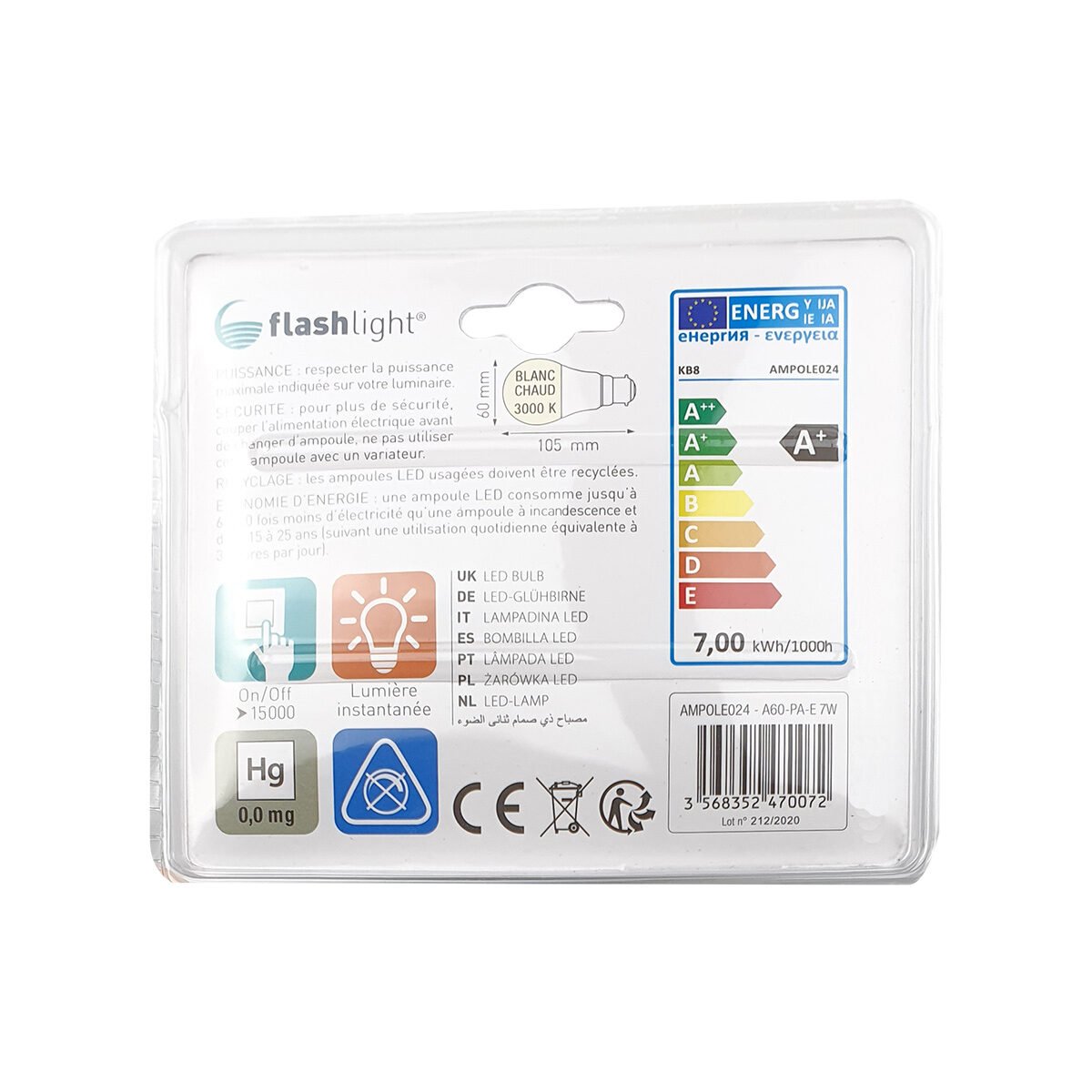Ampoule LED standard B22 7 W blanc chaud 30000 heures Flash Light