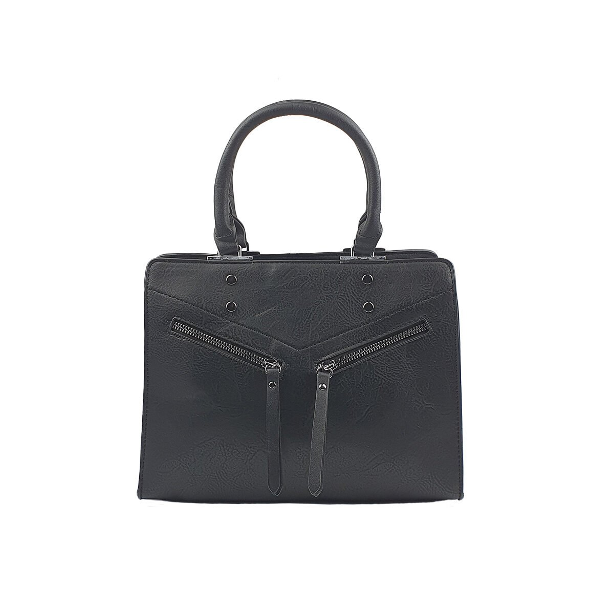 Black synthetic handbag with several compartments and pockets L 28 x W 11 x H 22 cm with 2 handles and an adjustable shoulder strap
