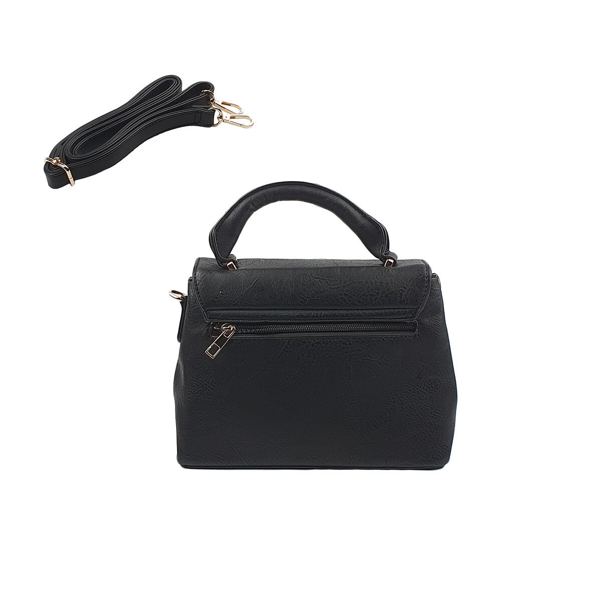 Sac à main synthétique noir à plusieurs compartiments et pochettes L 24 x l 11 x H 18 cm avec un poignée et une bandoulière réglable