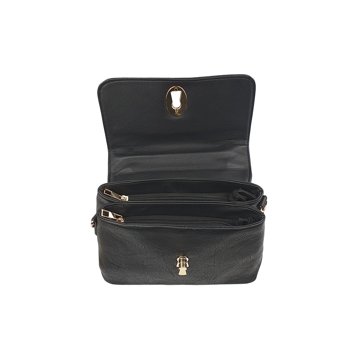 Sac à main synthétique noir à plusieurs compartiments et pochettes L 24 x l 11 x H 18 cm avec un poignée et une bandoulière réglable