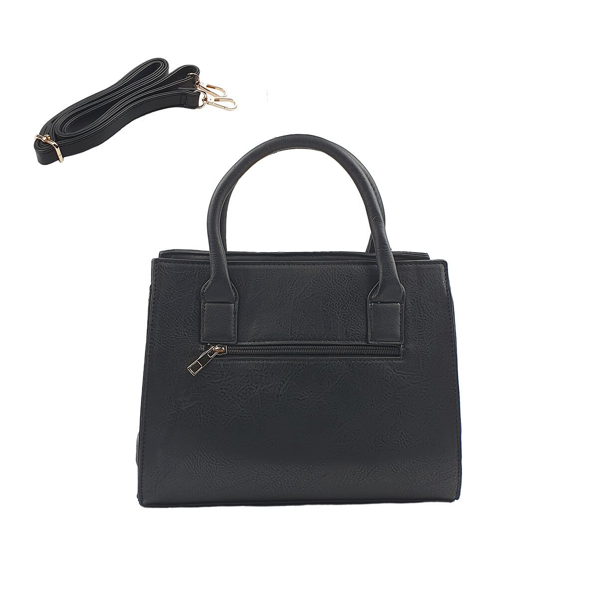 Black synthetic handbag with several compartments and pockets L 29 x W 12 x H 23 cm with 2 handles and an adjustable shoulder strap