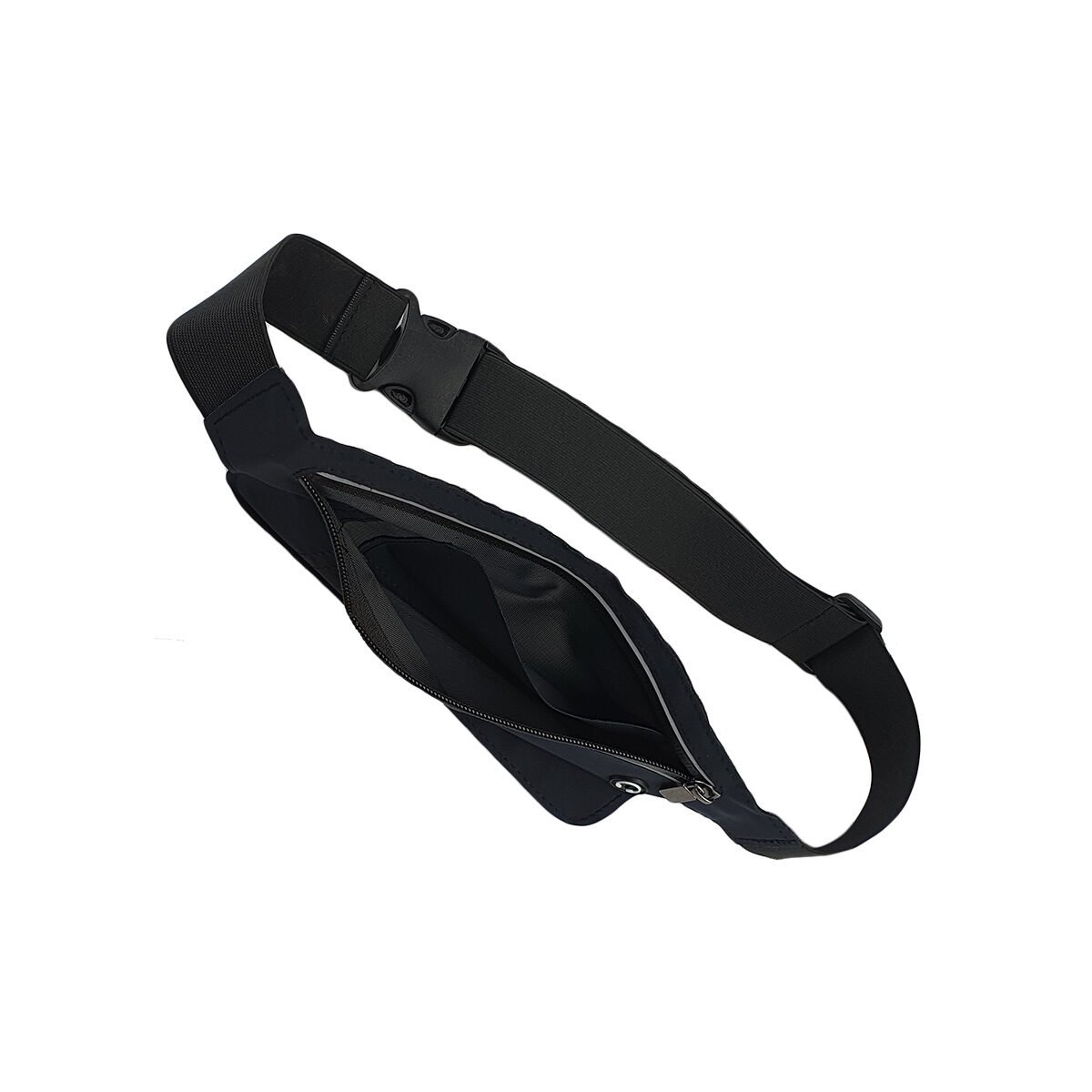 Sac banane plat synthétique noir à plusieurs compartiments L 28 cm avec un trou pour écouteurs et la sangle élastique réglable