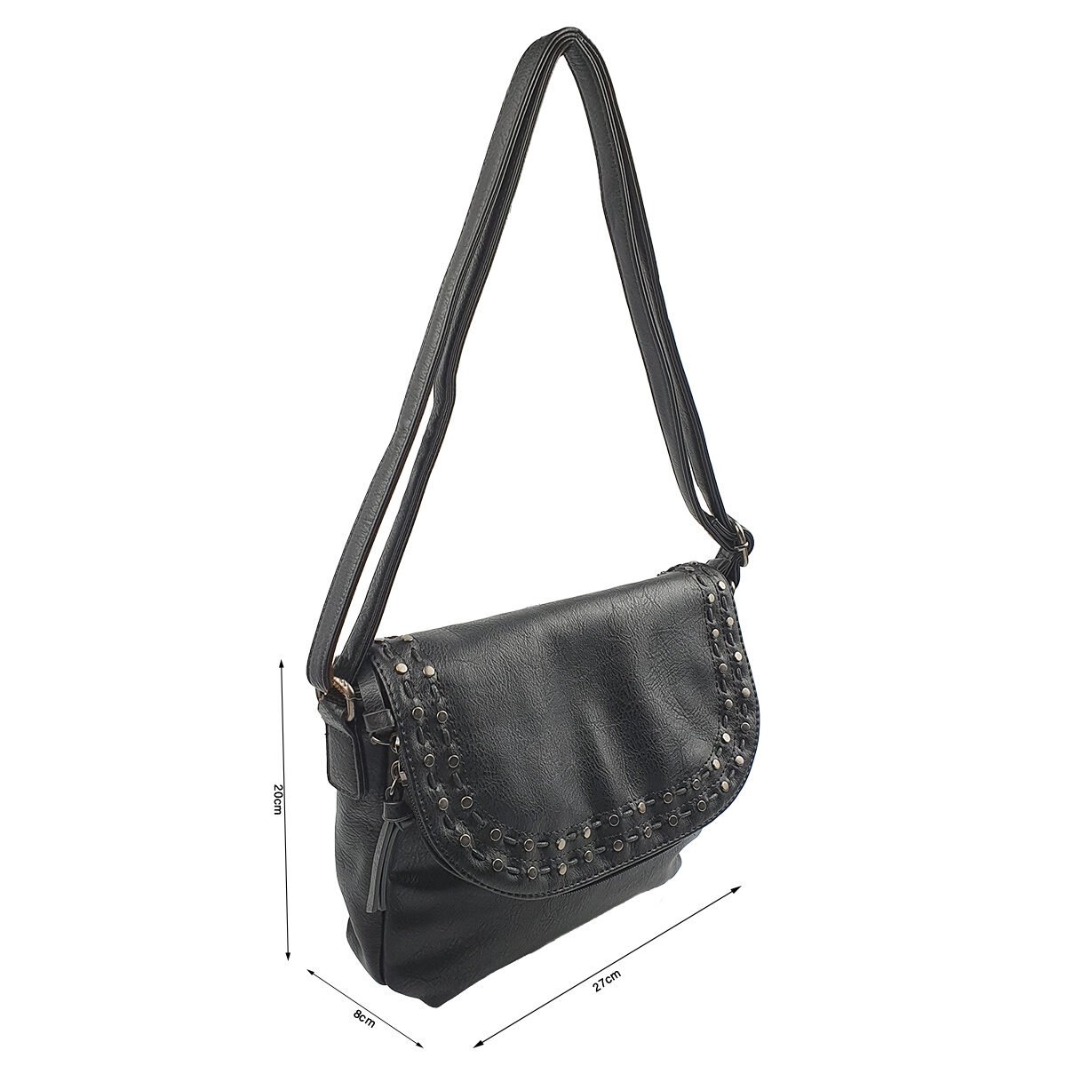 Black synthetic handbag with several compartments and pockets L 27 x W 8 x H 20 cm with adjustable shoulder strap Mandoline