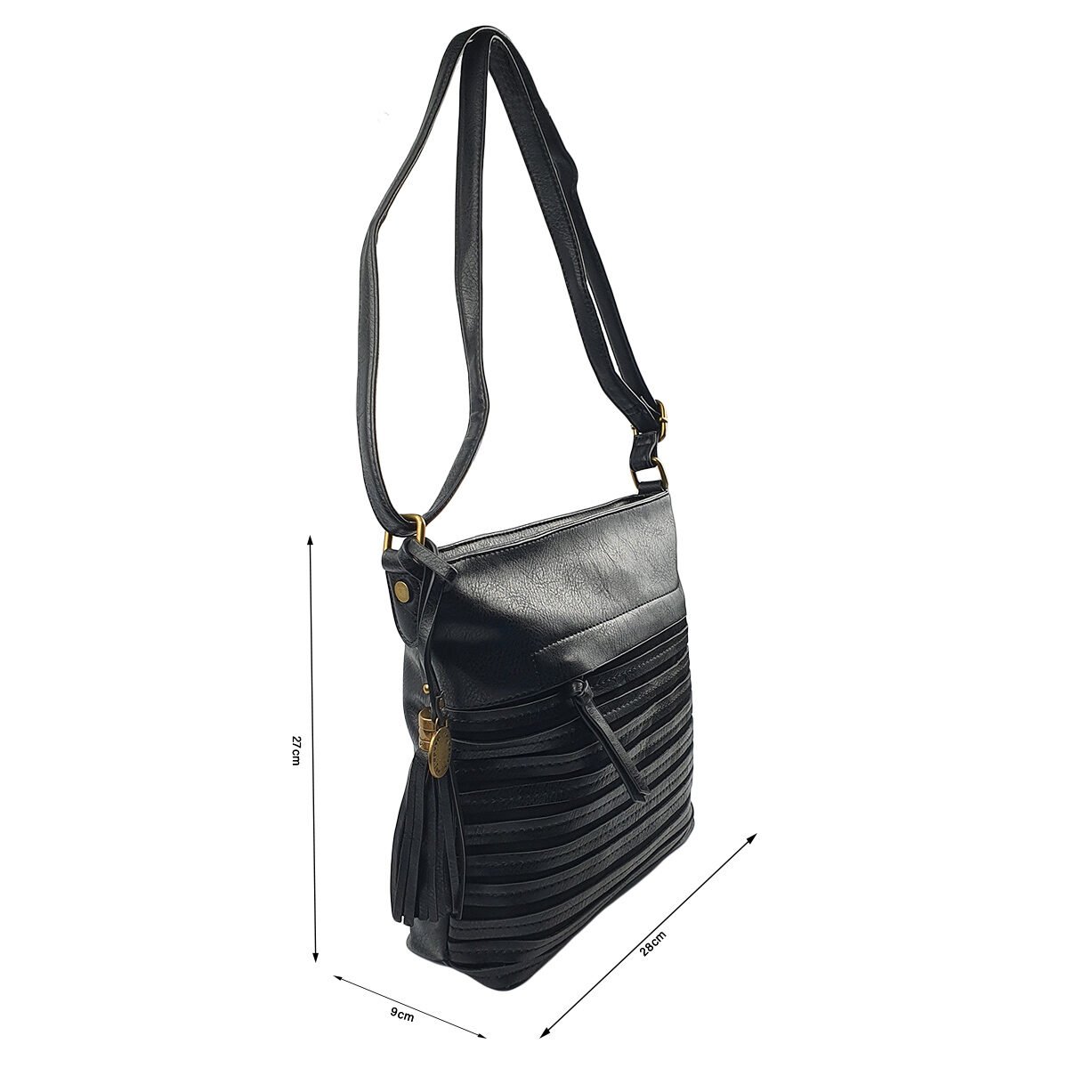 Black synthetic handbag with several compartments and pockets L 28 x W 9 x H 27 cm with adjustable shoulder strap Mandoline