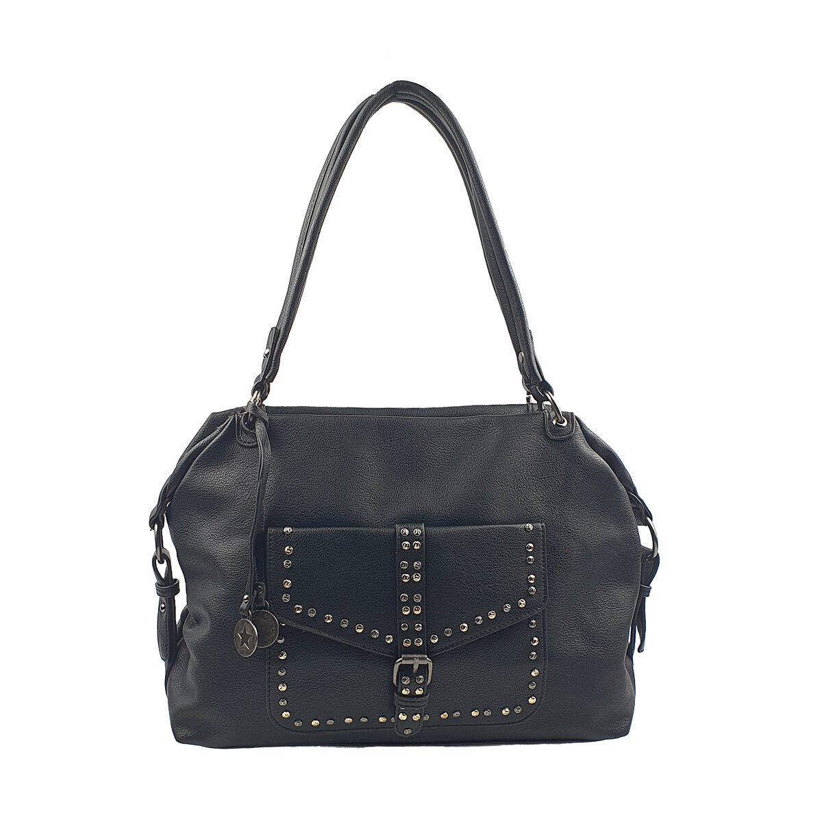 Sac à main synthétique noir à plusieurs compartiments et pochettes L 35 x l 13 x H 24 cm avec 2 poignées et une bandoulière réglable Mandoline