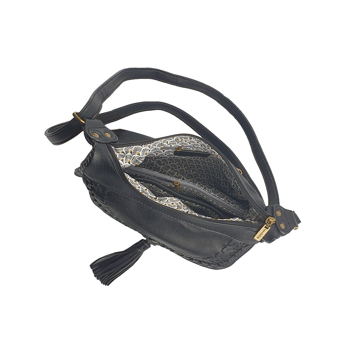 Black synthetic handbag with several compartments and pockets L 28 x W 10 x H 24 cm with adjustable shoulder strap Mandoline