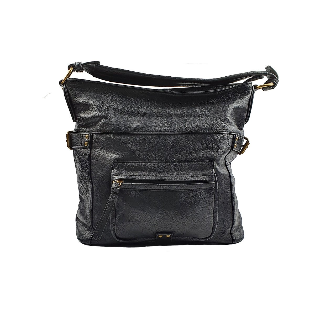 Sac à main synthétique noir à plusieurs compartiments et pochettes L 31 x l 12 x H 30 cm avec un poignée et une bandoulière réglable Mandoline