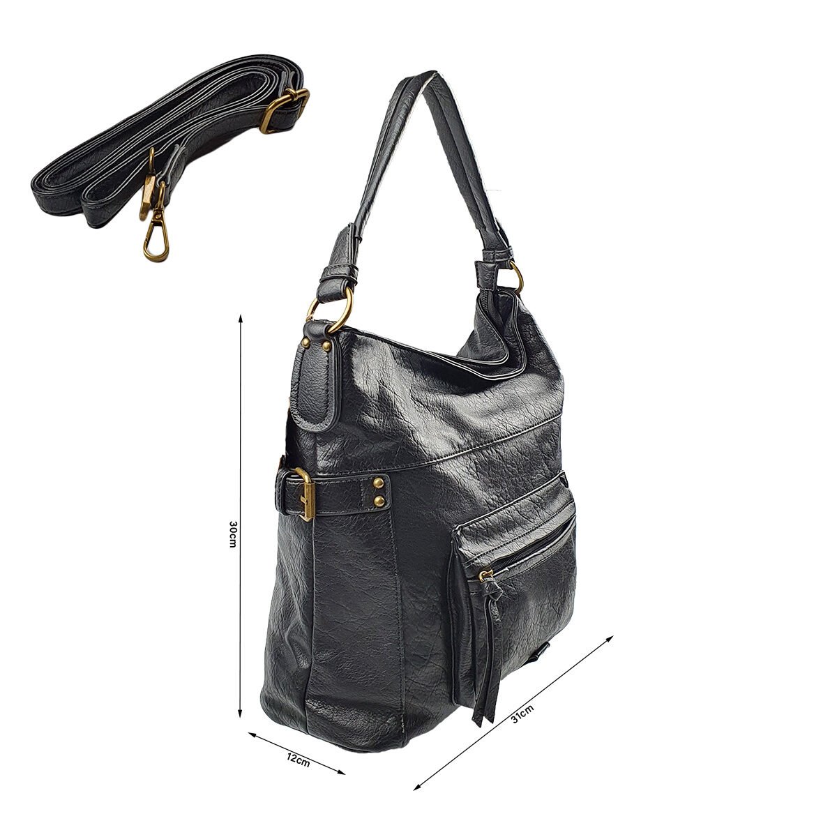 Sac à main synthétique noir à plusieurs compartiments et pochettes L 31 x l 12 x H 30 cm avec un poignée et une bandoulière réglable Mandoline