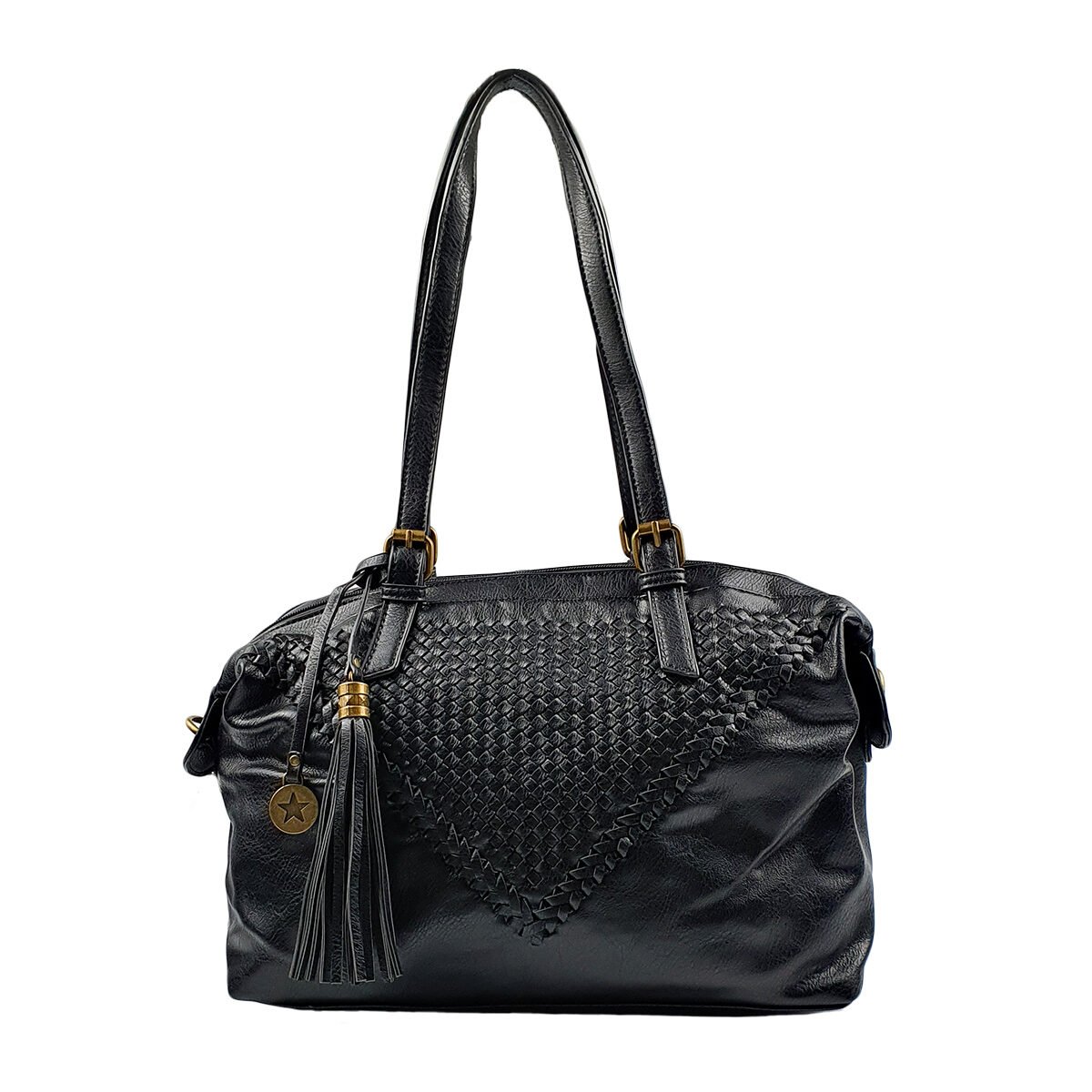 Sac à main synthétique noir à plusieurs compartiments et pochettes L 36 x l 13 x H 22 cm avec 2 poignées et une bandoulière réglable Mandoline