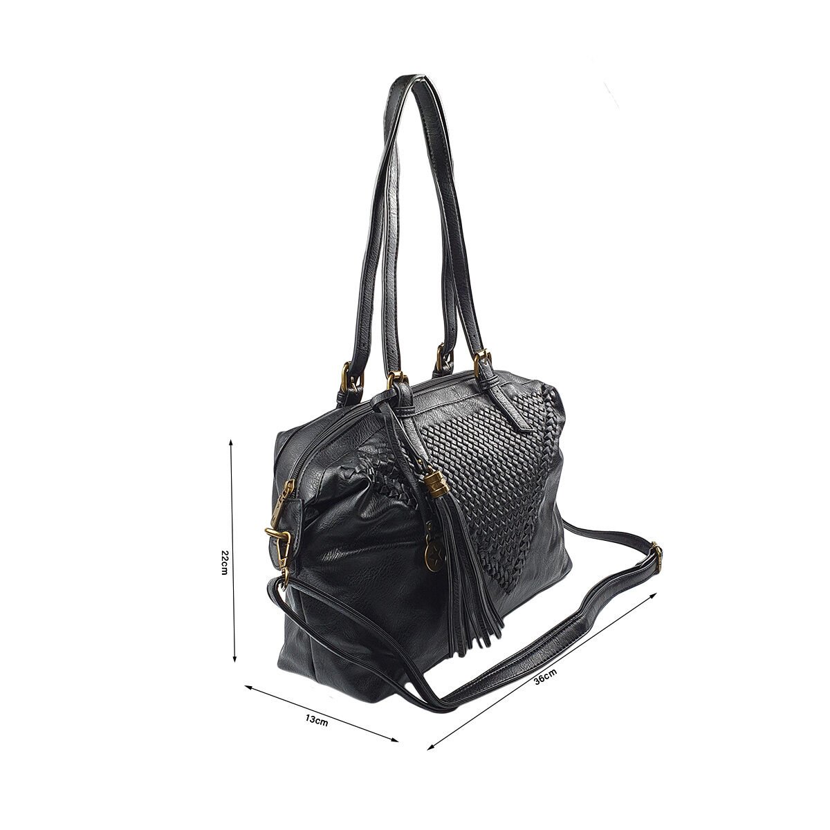 Sac à main synthétique noir à plusieurs compartiments et pochettes L 36 x l 13 x H 22 cm avec 2 poignées et une bandoulière réglable Mandoline