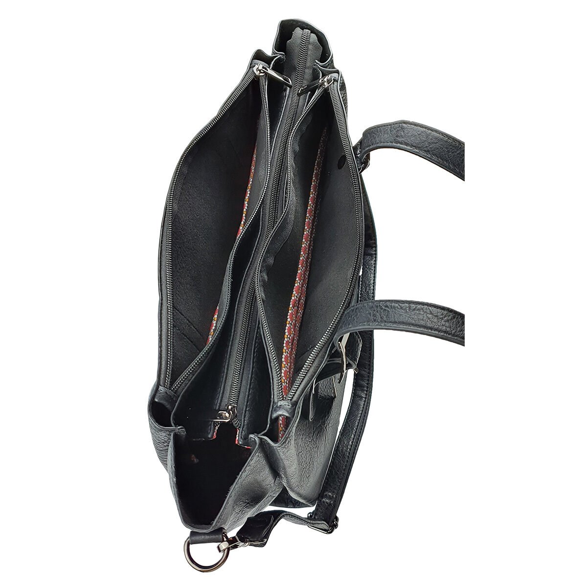 Sac à main synthétique noir à plusieurs compartiments et pochettes L 32 x l 14 x H 29 cm avec 2 poignées et une bandoulière réglable Melanie