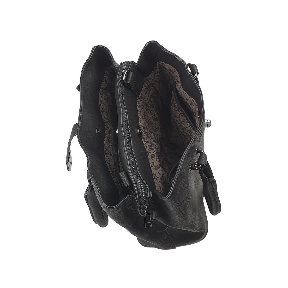 Sac à main synthétique noir à plusieurs compartiments et pochettes L 30 x l 13 x H 24 cm avec 2 poignées et une bandoulière réglable Melanie