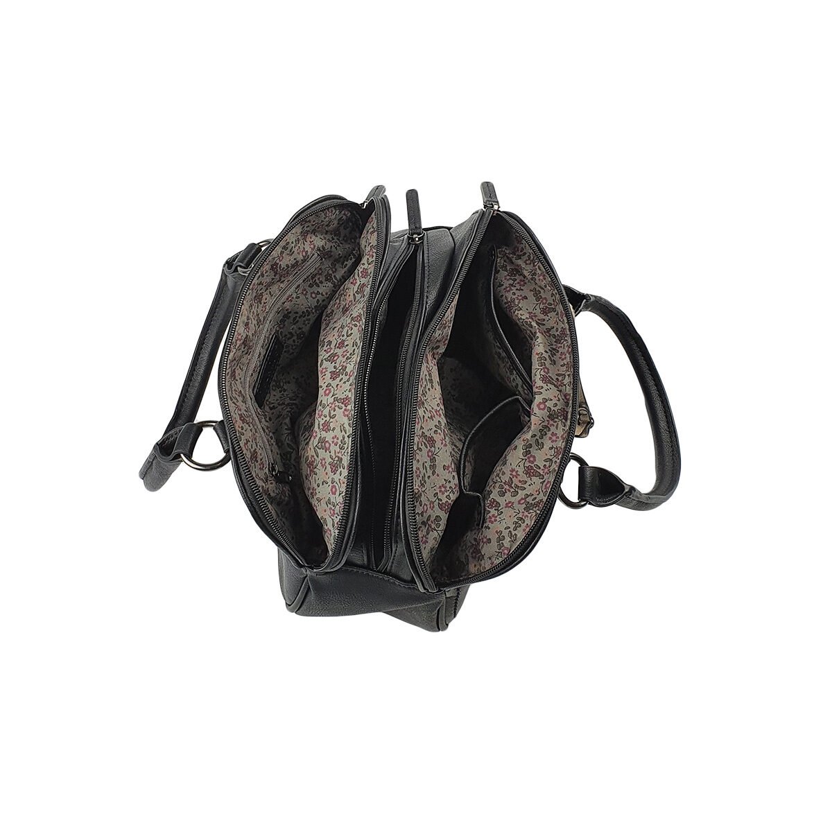 Black synthetic handbag with several compartments and pockets L 29 x W 12 x H 19 cm with 2 handles and an adjustable shoulder strap Melanie