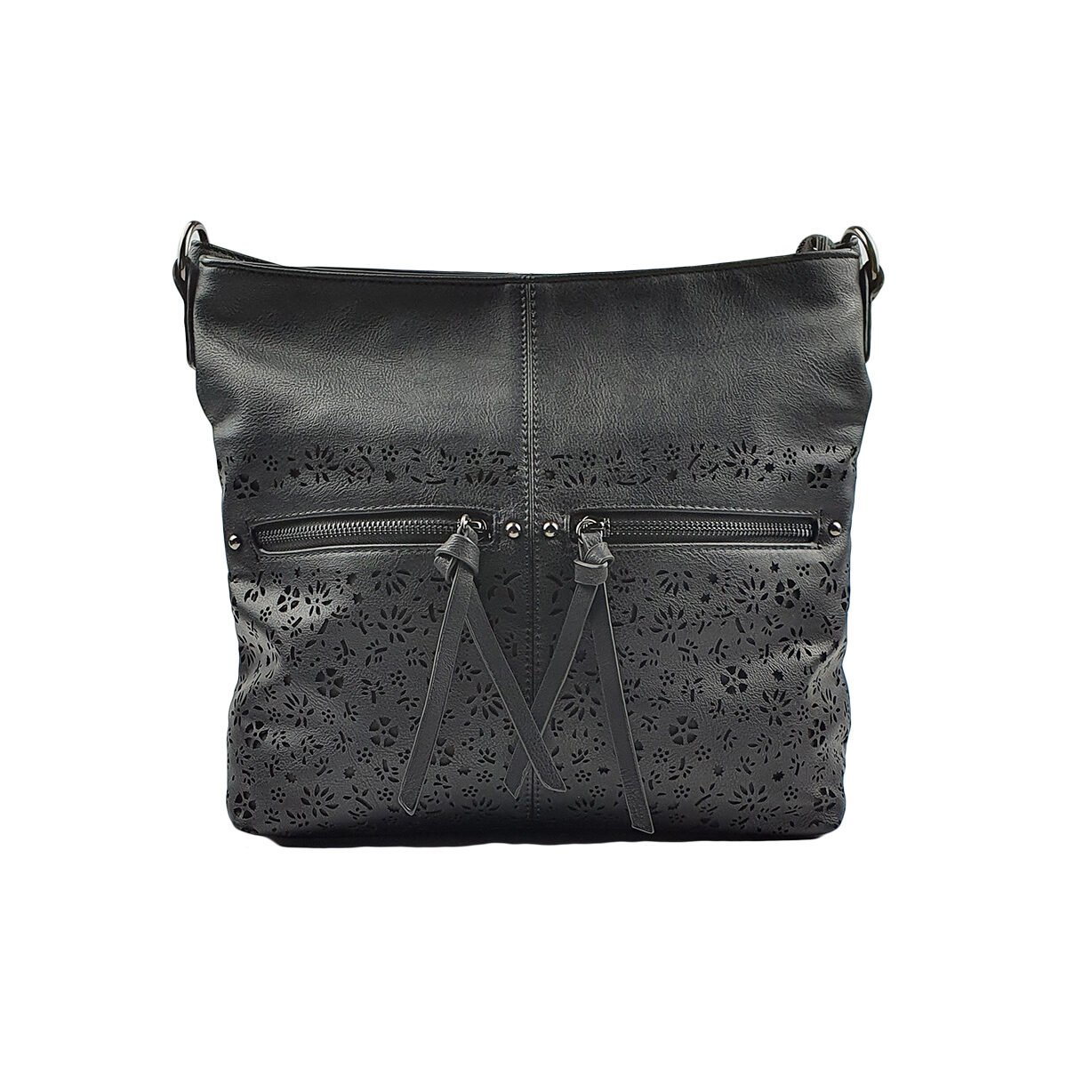 Black synthetic handbag with several compartments and pockets L 30 x W 11 x H 27 cm with adjustable shoulder strap Melanie