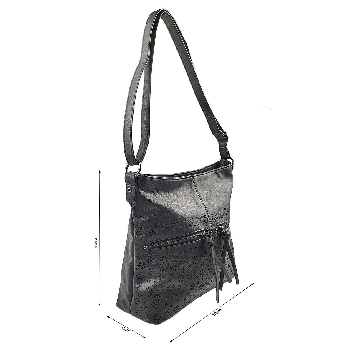 Black synthetic handbag with several compartments and pockets L 30 x W 11 x H 27 cm with adjustable shoulder strap Melanie