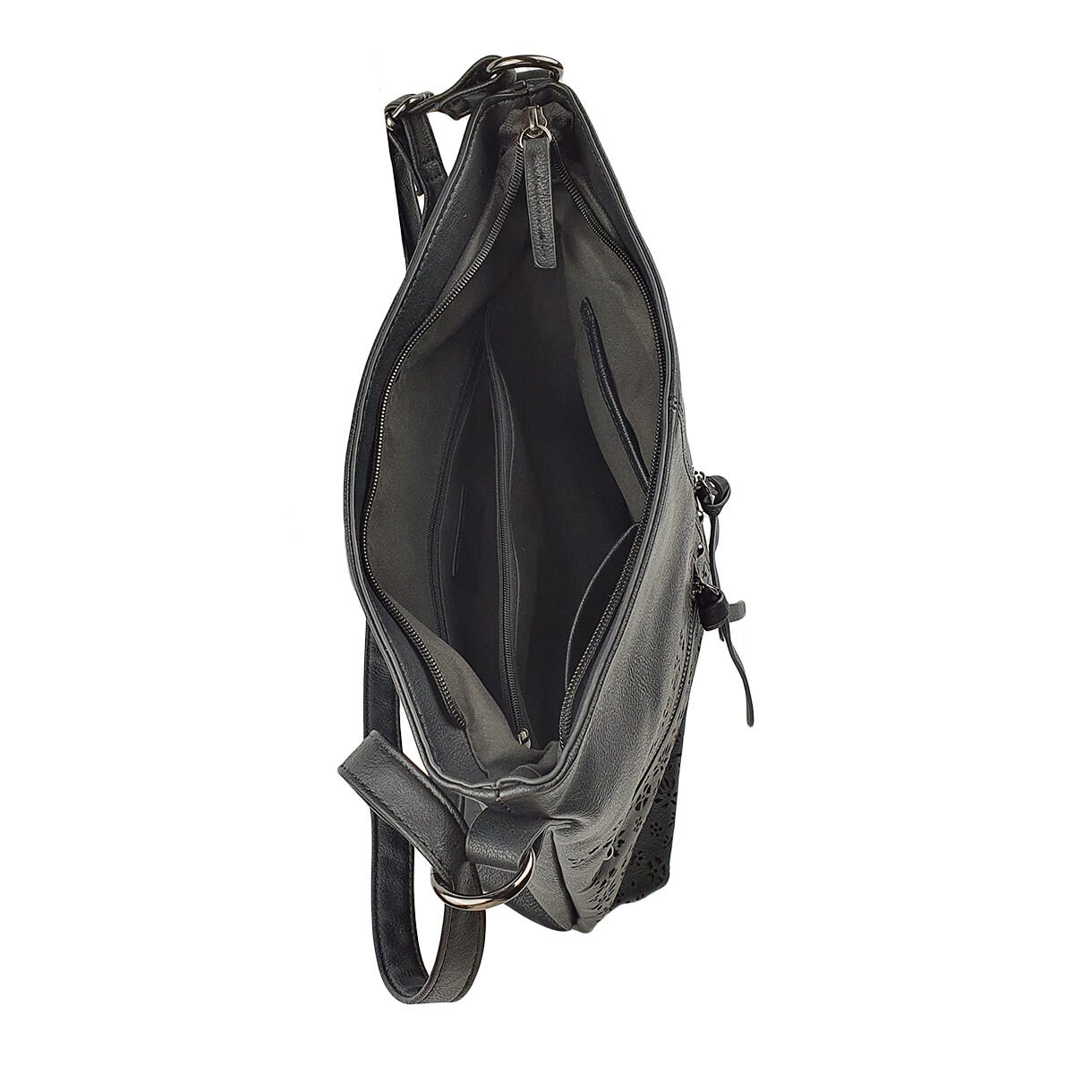 Black synthetic handbag with several compartments and pockets L 30 x W 11 x H 27 cm with adjustable shoulder strap Melanie