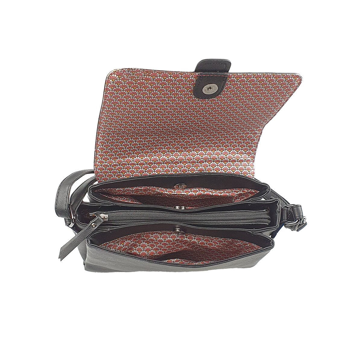 Sac à main synthétique noir à plusieurs compartiments et pochettes L 28 x l 10 x H 19 cm à bandoulière réglable Melanie