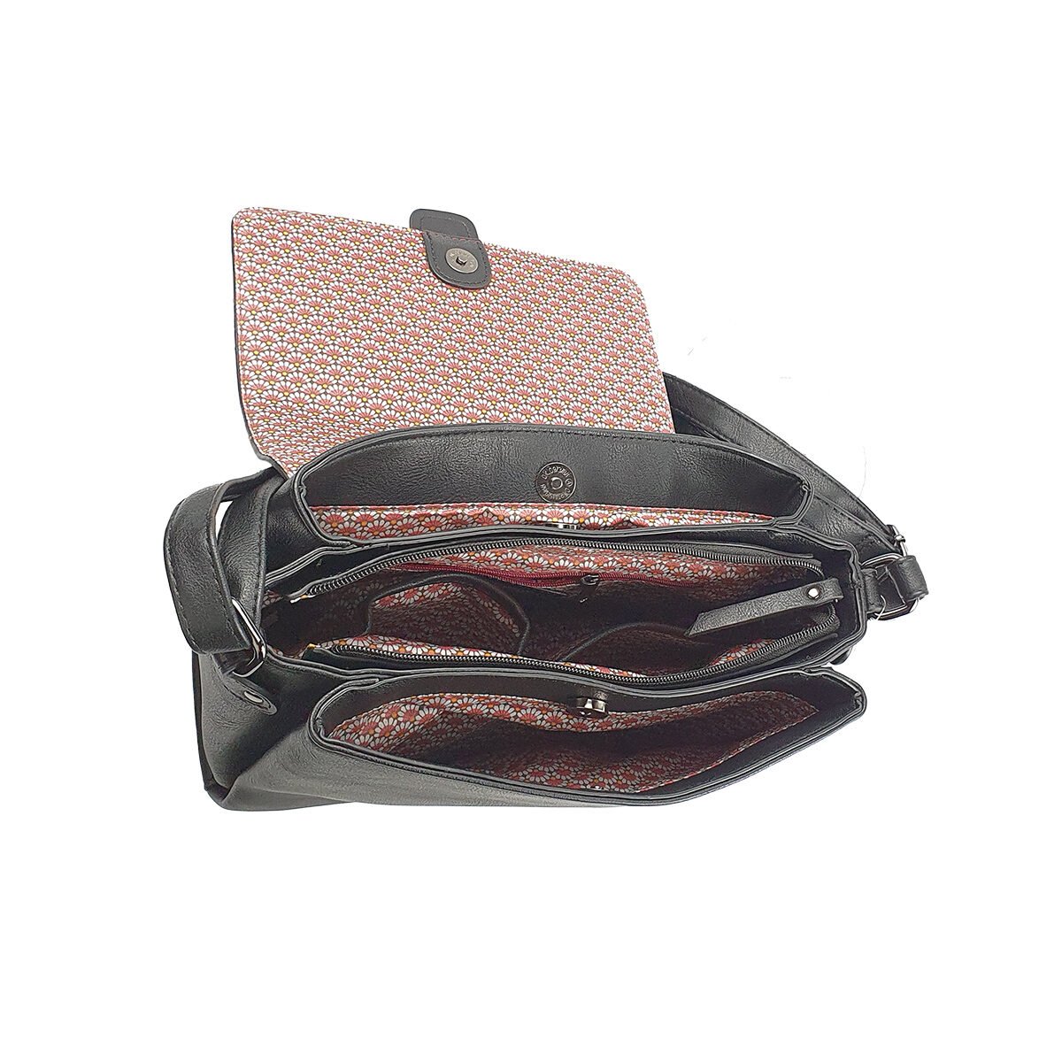 Sac à main synthétique noir à plusieurs compartiments et pochettes L 28 x l 10 x H 19 cm à bandoulière réglable Melanie