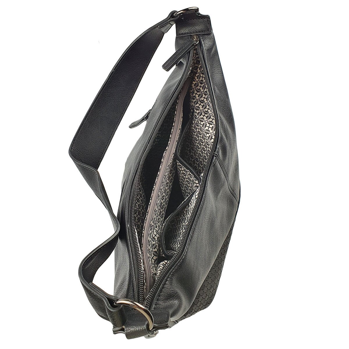 Black synthetic handbag with several compartments and pockets L 30 x W 13 x H 30 cm with a handle and an adjustable shoulder strap Melanie