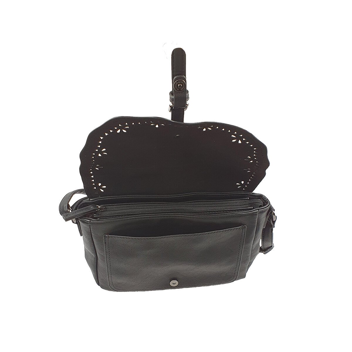 Black synthetic handbag with several compartments and pockets L 28 x W 8 x H 18 cm with adjustable shoulder strap Melanie