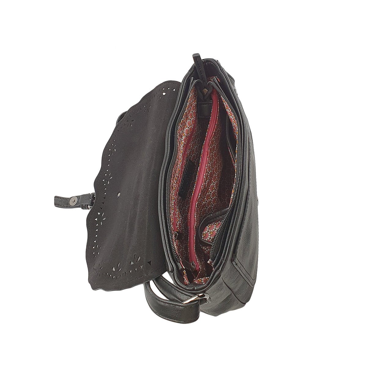 Black synthetic handbag with several compartments and pockets L 28 x W 8 x H 18 cm with adjustable shoulder strap Melanie