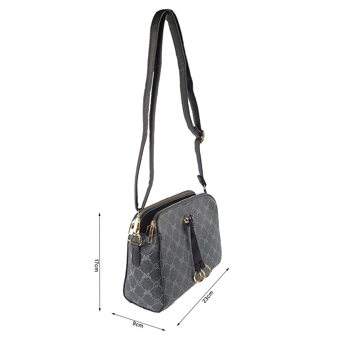 Gray synthetic handbag with several compartments and pockets L 23 x W 9 x H 17 cm with adjustable shoulder strap