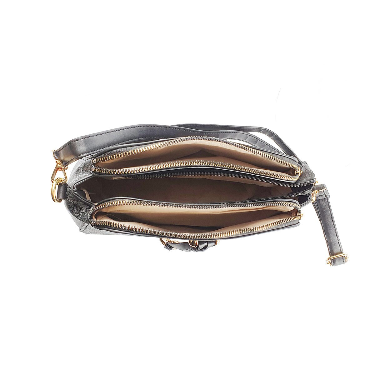 Gray synthetic handbag with several compartments and pockets L 23 x W 9 x H 17 cm with adjustable shoulder strap