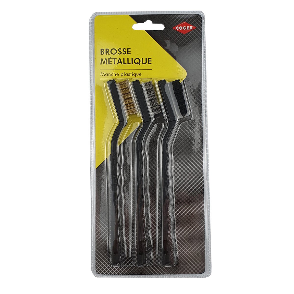 Lot de 3 brosses métalliques différentes (nylon, laiton et acier inoxydable) avec manche en plastique L 18 cm Cogex