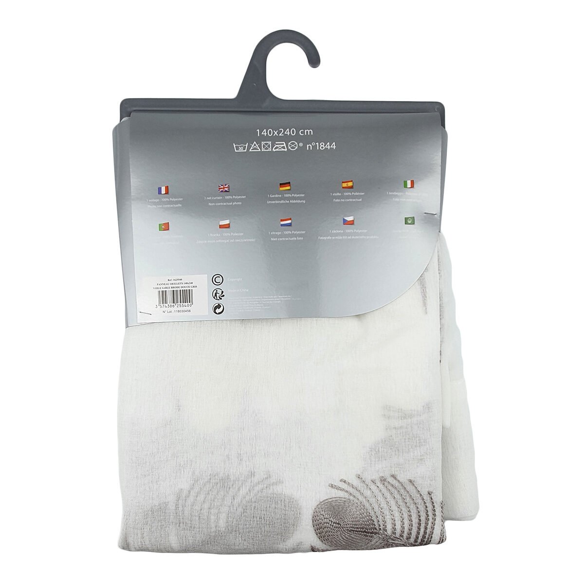 Eyelet curtain in soft gray embroidered sanded voile in polyester H 240 x W 140 cm Interior softness