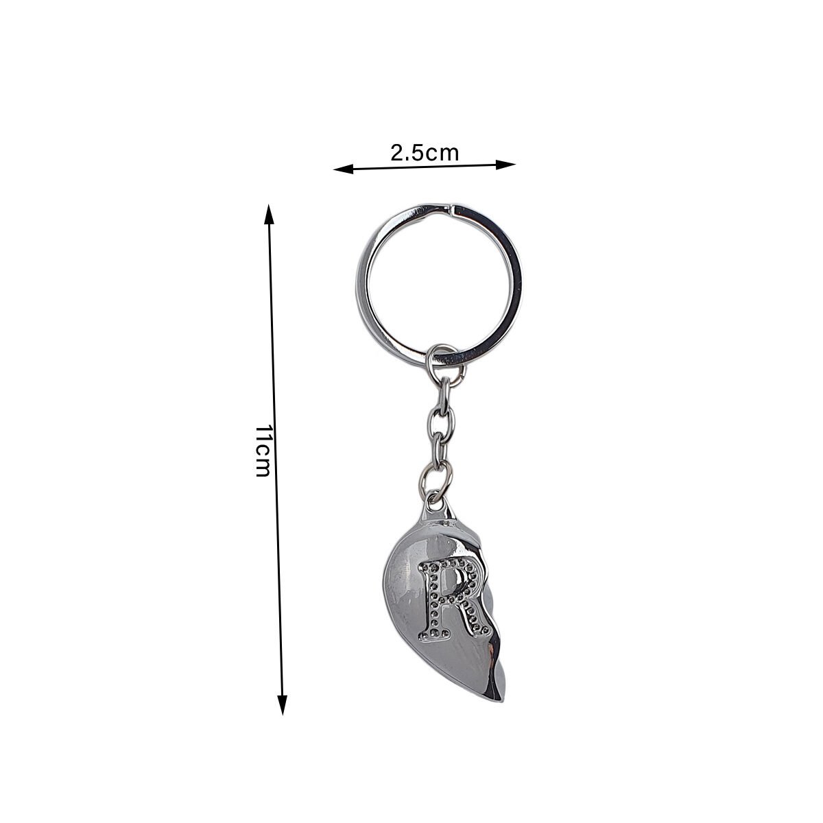 Half heart initial R key ring in metal L 11.5 x l 2.5 cm engraved on both sides