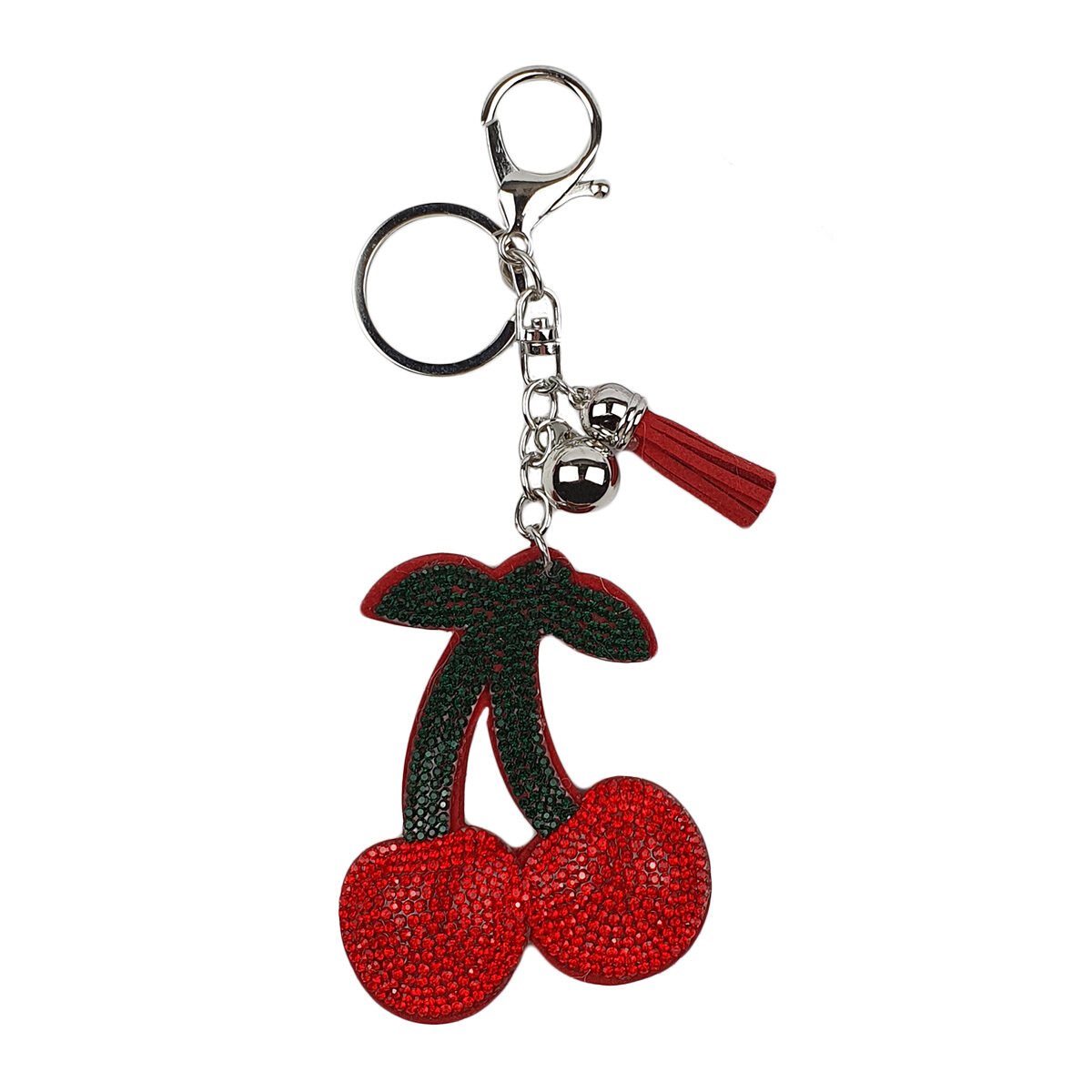 Porte-clé ou bijou de sac cerises en strass rouges et verts L 16.0 x l 7.0 cm avec 1 crochet et 2 breloques